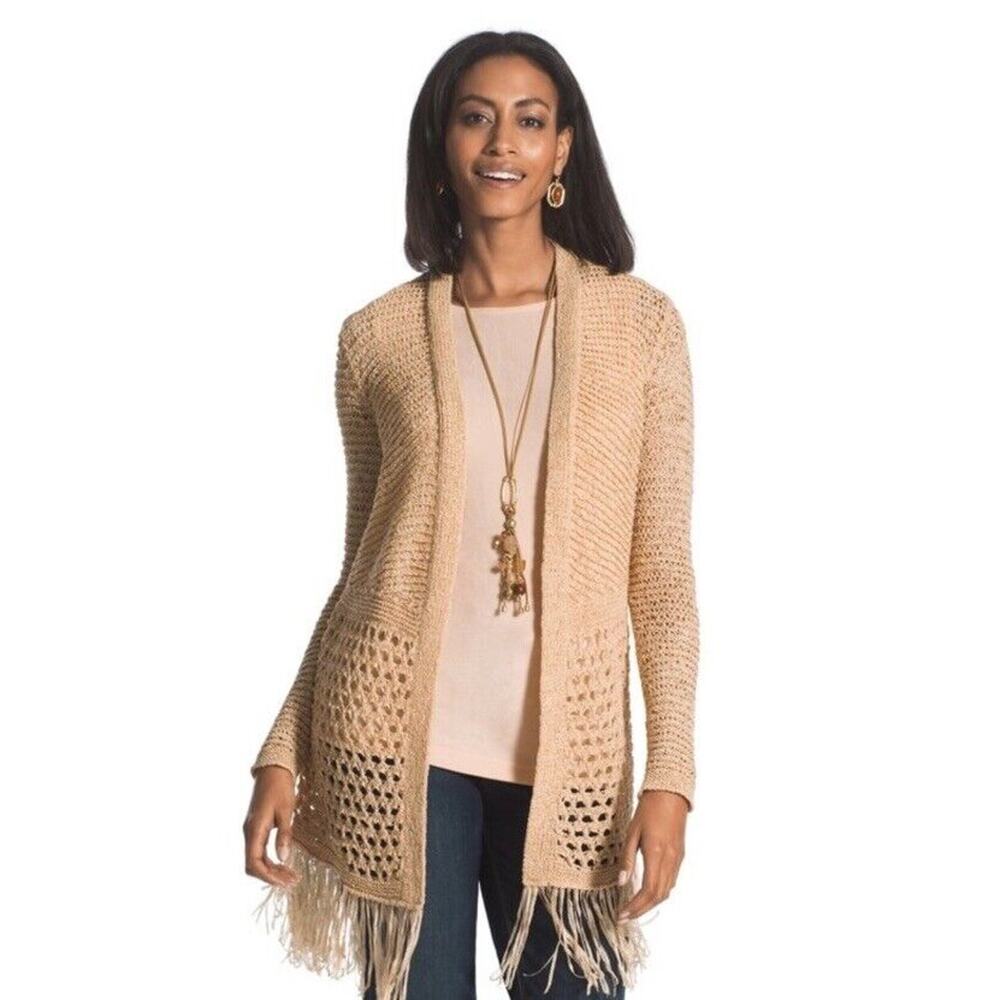 Chico's Traveler Open Knit Cardigan Sweater Womens Size Large Tan Boho Comfort